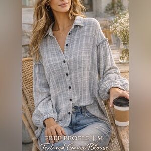 Free People Textured Gauze Button Down Blouse Gray Size Medium Boho